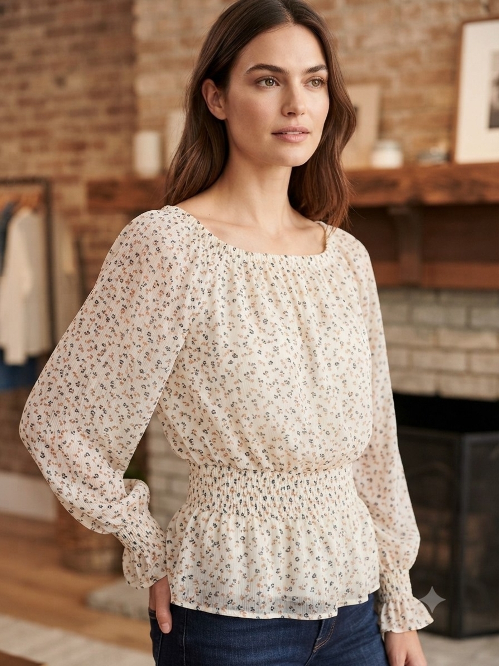 Ann Taylor Cream Floral Smocked Waist Long Sleeve Blouse